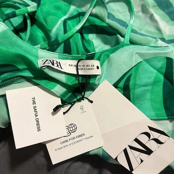 Zara Flowy Mini Swirl Green Satin Dress Sz XS NWT - Picture 12 of 16